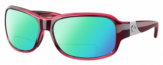 Profile View of Costa Del Mar Inlet Designer Polarized Reading Sunglasses with Custom Cut Powered Green Mirror Lenses in Pink Pomegranate Crystal Fade Silver Ladies Oval Full Rim Acetate 58 mm