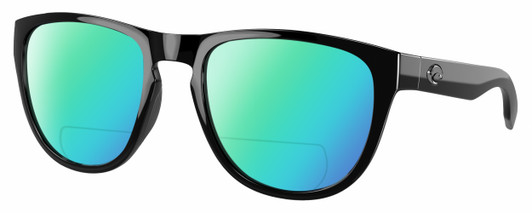 Profile View of Costa Del Mar Irie Designer Polarized Reading Sunglasses with Custom Cut Powered Green Mirror Lenses in Shiny Black Unisex Panthos Full Rim Acetate 55 mm