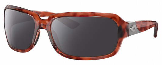 Profile View of Costa Del Mar Isabela Designer Polarized Sunglasses with Custom Cut Smoke Grey Lenses in Amber Red Tortoise Havana Crystal Silver Ladies Rectangular Full Rim Acetate 64 mm