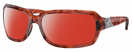 Profile View of Costa Del Mar Isabela Designer Polarized Sunglasses with Custom Cut Red Mirror Lenses in Amber Red Tortoise Havana Crystal Silver Ladies Rectangular Full Rim Acetate 64 mm