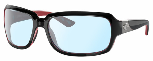 Profile View of Costa Del Mar Isabela Designer Blue Light Blocking Eyeglasses in Shiny Black Coral Pink Silver Ladies Rectangular Full Rim Acetate 64 mm