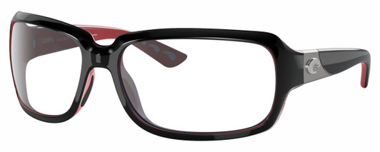 Profile View of Costa Del Mar Isabela Designer Blue Light Blocking Eyeglasses in Shiny Black Coral Pink Silver Ladies Rectangular Full Rim Acetate 64 mm
