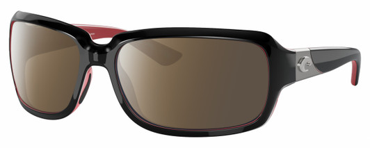 Profile View of Costa Del Mar Isabela Designer Polarized Sunglasses with Custom Cut Amber Brown Lenses in Shiny Black Coral Pink Silver Ladies Rectangular Full Rim Acetate 64 mm
