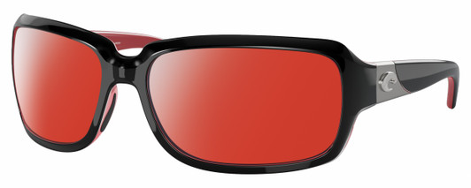Profile View of Costa Del Mar Isabela Designer Polarized Sunglasses with Custom Cut Red Mirror Lenses in Shiny Black Coral Pink Silver Ladies Rectangular Full Rim Acetate 64 mm