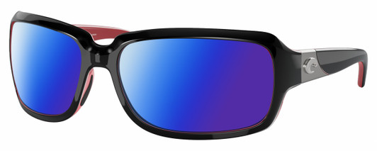 Profile View of Costa Del Mar Isabela Designer Polarized Sunglasses with Custom Cut Blue Mirror Lenses in Shiny Black Coral Pink Silver Ladies Rectangular Full Rim Acetate 64 mm