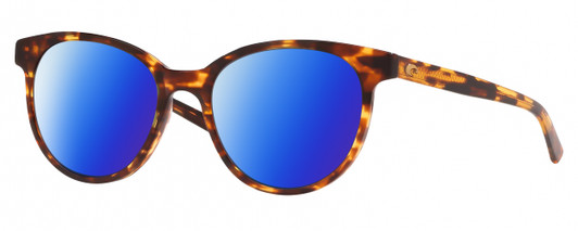 Profile View of Costa Del Mar Isla Designer Polarized Sunglasses with Custom Cut Blue Mirror Lenses in Shiny Amber Brown Tortoise Havana Gold Ladies Panthos Full Rim Acetate 54 mm