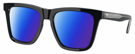 Profile View of Costa Del Mar Keramas Designer Polarized Sunglasses with Custom Cut Blue Mirror Lenses in Shiny Black Silver Unisex Square Full Rim Acetate 54 mm