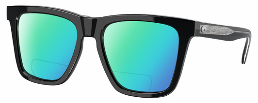 Profile View of Costa Del Mar Keramas Designer Polarized Reading Sunglasses with Custom Cut Powered Green Mirror Lenses in Shiny Black Silver Unisex Square Full Rim Acetate 54 mm