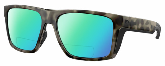 Profile View of Costa Del Mar Lido Designer Polarized Reading Sunglasses with Custom Cut Powered Green Mirror Lenses in Matte Gray Brown Clear Crystal Wetlands Unisex Square Full Rim Acetate 57 mm
