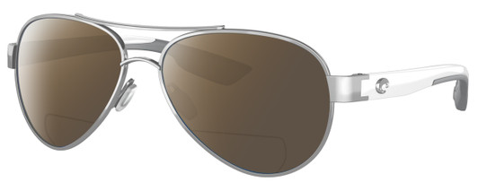 Profile View of Costa Del Mar Loreto Designer Polarized Reading Sunglasses with Custom Cut Powered Amber Brown Lenses in Palladium Silver White Grey Ladies Pilot Full Rim Metal 56 mm