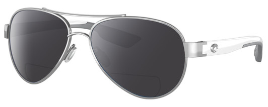 Profile View of Costa Del Mar Loreto Designer Polarized Reading Sunglasses with Custom Cut Powered Smoke Grey Lenses in Palladium Silver White Grey Ladies Pilot Full Rim Metal 56 mm