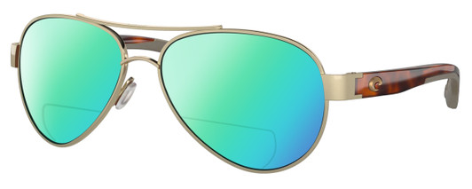 Profile View of Costa Del Mar Loreto Designer Polarized Reading Sunglasses with Custom Cut Powered Green Mirror Lenses in Brushed Gold Brown Tortoise Havana Greige Ladies Pilot Full Rim Metal 56 mm