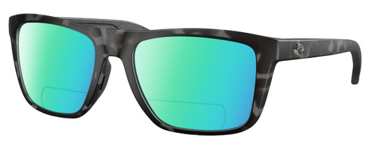 Profile View of Costa Del Mar Mainsail Designer Polarized Reading Sunglasses with Custom Cut Powered Green Mirror Lenses in Matte Gray Tiger Shark Unisex Rectangular Full Rim Acetate 55 mm