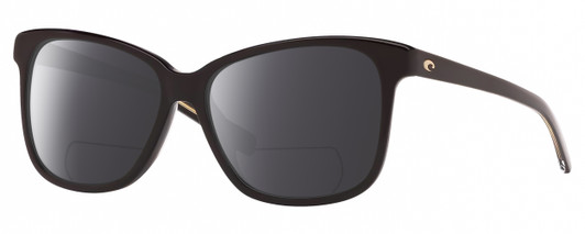 Profile View of Costa Del Mar May Designer Polarized Reading Sunglasses with Custom Cut Powered Smoke Grey Lenses in Shiny Black Ladies Cat Eye Full Rim Acetate 57 mm