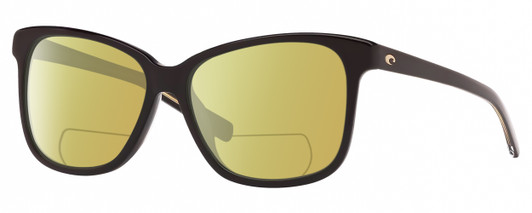 Profile View of Costa Del Mar May Designer Polarized Reading Sunglasses with Custom Cut Powered Sun Flower Yellow Lenses in Shiny Black Ladies Cat Eye Full Rim Acetate 57 mm