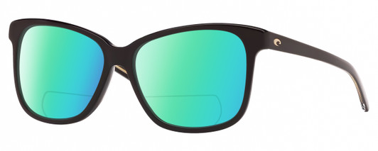 Profile View of Costa Del Mar May Designer Polarized Reading Sunglasses with Custom Cut Powered Green Mirror Lenses in Shiny Black Ladies Cat Eye Full Rim Acetate 57 mm