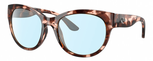 Profile View of Costa Del Mar Maya Designer Blue Light Blocking Eyeglasses in Shiny Coral Pink Red Tortoise Havana Ladies Cat Eye Full Rim Acetate 55 mm