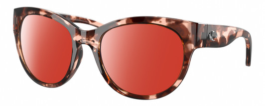 Profile View of Costa Del Mar Maya Designer Polarized Sunglasses with Custom Cut Red Mirror Lenses in Shiny Coral Pink Red Tortoise Havana Ladies Cat Eye Full Rim Acetate 55 mm