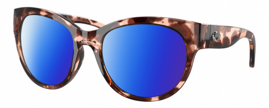 Profile View of Costa Del Mar Maya Designer Polarized Sunglasses with Custom Cut Blue Mirror Lenses in Shiny Coral Pink Red Tortoise Havana Ladies Cat Eye Full Rim Acetate 55 mm