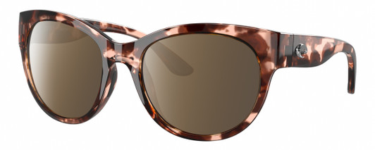 Profile View of Costa Del Mar Maya Designer Polarized Sunglasses with Custom Cut Amber Brown Lenses in Shiny Coral Pink Red Tortoise Havana Ladies Cat Eye Full Rim Acetate 55 mm