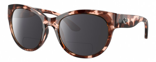 Profile View of Costa Del Mar Maya Designer Polarized Reading Sunglasses with Custom Cut Powered Smoke Grey Lenses in Shiny Coral Pink Red Tortoise Havana Ladies Cat Eye Full Rim Acetate 55 mm