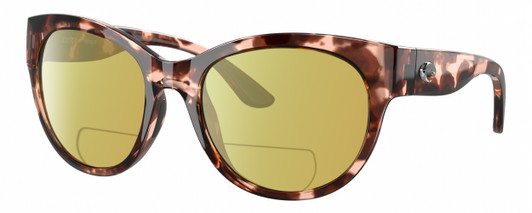 Profile View of Costa Del Mar Maya Designer Polarized Reading Sunglasses with Custom Cut Powered Sun Flower Yellow Lenses in Shiny Coral Pink Red Tortoise Havana Ladies Cat Eye Full Rim Acetate 55 mm