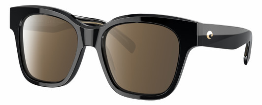 Profile View of Costa Del Mar Nusa Designer Polarized Sunglasses with Custom Cut Amber Brown Lenses in Shiny Black Gold Ladies Cat Eye Full Rim Acetate 54 mm