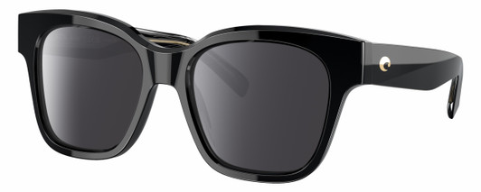 Profile View of Costa Del Mar Nusa Designer Polarized Sunglasses with Custom Cut Smoke Grey Lenses in Shiny Black Gold Ladies Cat Eye Full Rim Acetate 54 mm