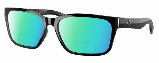 Profile View of Costa Del Mar Palmas Designer Polarized Reading Sunglasses with Custom Cut Powered Green Mirror Lenses in Shiny Black Ladies Rectangular Full Rim Acetate 57 mm