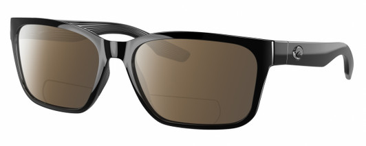 Profile View of Costa Del Mar Palmas Designer Polarized Reading Sunglasses with Custom Cut Powered Amber Brown Lenses in Shiny Black Ladies Rectangular Full Rim Acetate 57 mm