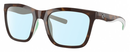 Profile View of Costa Del Mar Panga Designer Blue Light Blocking Eyeglasses in Shiny Tortoise Havana White Seafoam Green Ladies Cat Eye Full Rim Acetate 56 mm