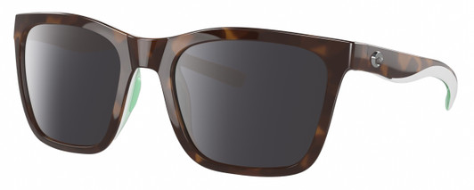 Profile View of Costa Del Mar Panga Designer Polarized Sunglasses with Custom Cut Smoke Grey Lenses in Shiny Tortoise Havana White Seafoam Green Ladies Cat Eye Full Rim Acetate 56 mm