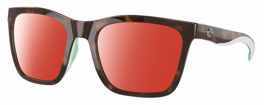 Profile View of Costa Del Mar Panga Designer Polarized Sunglasses with Custom Cut Red Mirror Lenses in Shiny Tortoise Havana White Seafoam Green Ladies Cat Eye Full Rim Acetate 56 mm