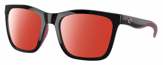 Profile View of Costa Del Mar Panga Designer Polarized Sunglasses with Custom Cut Red Mirror Lenses in Shiny Black Fuchsia Purple Ladies Cat Eye Full Rim Acetate 56 mm