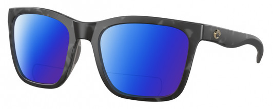 Profile View of Costa Del Mar Panga Designer Polarized Reading Sunglasses with Custom Cut Powered Blue Mirror Lenses in Matte Gray Tortoise Havana Ladies Cat Eye Full Rim Acetate 56 mm