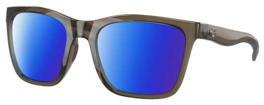 Profile View of Costa Del Mar Panga Designer Polarized Sunglasses with Custom Cut Blue Mirror Lenses in Shiny Taupe Gray Brown Crystal Ladies Cat Eye Full Rim Acetate 56 mm