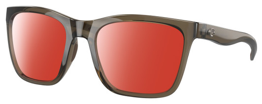 Profile View of Costa Del Mar Panga Designer Polarized Sunglasses with Custom Cut Red Mirror Lenses in Shiny Taupe Gray Brown Crystal Ladies Cat Eye Full Rim Acetate 56 mm