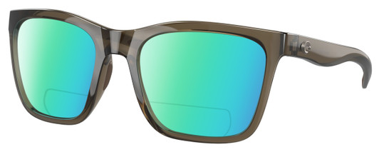 Profile View of Costa Del Mar Panga Designer Polarized Reading Sunglasses with Custom Cut Powered Green Mirror Lenses in Shiny Taupe Gray Brown Crystal Ladies Cat Eye Full Rim Acetate 56 mm