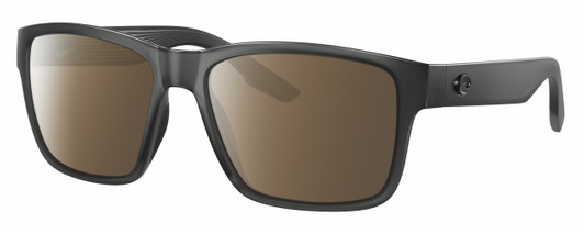 Profile View of Costa Del Mar Paunch Designer Polarized Sunglasses with Custom Cut Amber Brown Lenses in Matte Smoke Gray Crystal Unisex Square Full Rim Acetate 57 mm