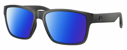 Profile View of Costa Del Mar Paunch Designer Polarized Sunglasses with Custom Cut Blue Mirror Lenses in Matte Smoke Gray Crystal Unisex Square Full Rim Acetate 57 mm