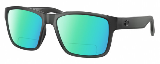Profile View of Costa Del Mar Paunch Designer Polarized Reading Sunglasses with Custom Cut Powered Green Mirror Lenses in Matte Smoke Gray Crystal Unisex Square Full Rim Acetate 57 mm