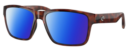 Profile View of Costa Del Mar Paunch Designer Polarized Sunglasses with Custom Cut Blue Mirror Lenses in Amber Brown Tortoise Havana Unisex Square Full Rim Acetate 57 mm