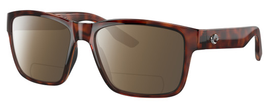 Profile View of Costa Del Mar Paunch Designer Polarized Reading Sunglasses with Custom Cut Powered Amber Brown Lenses in Amber Brown Tortoise Havana Unisex Square Full Rim Acetate 57 mm