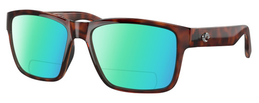 Profile View of Costa Del Mar Paunch Designer Polarized Reading Sunglasses with Custom Cut Powered Green Mirror Lenses in Amber Brown Tortoise Havana Unisex Square Full Rim Acetate 57 mm