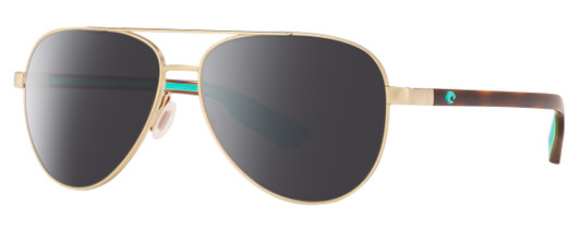 Profile View of Costa Del Mar Peli Designer Polarized Sunglasses with Custom Cut Smoke Grey Lenses in Brushed Gold Brown Tortoise Havana Turquoise Unisex Pilot Full Rim Metal 57 mm
