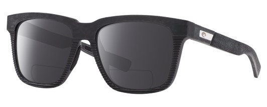 Profile View of Costa Del Mar Pescador Designer Polarized Reading Sunglasses with Custom Cut Powered Smoke Grey Lenses in Matte Fishing Net Gray with Rubber Unisex Square Full Rim Acetate 55 mm