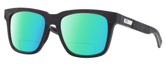 Profile View of Costa Del Mar Pescador Designer Polarized Reading Sunglasses with Custom Cut Powered Green Mirror Lenses in Matte Fishing Net Gray with Rubber Unisex Square Full Rim Acetate 55 mm