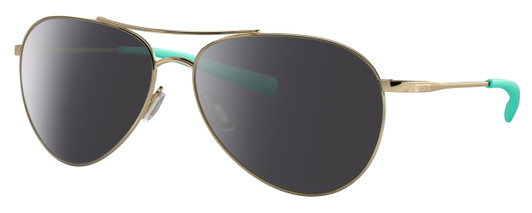 Profile View of Costa Del Mar Piper Designer Polarized Sunglasses with Custom Cut Smoke Grey Lenses in Shiny Gold Turquoise Unisex Pilot Full Rim Metal 58 mm