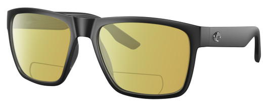 Profile View of Costa Del Mar Paunch XL Designer Polarized Reading Sunglasses with Custom Cut Powered Sun Flower Yellow Lenses in Matte Black Unisex Square Full Rim Acetate 59 mm