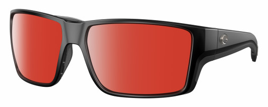 Profile View of Costa Del Mar Reefton Pro Designer Polarized Sunglasses with Custom Cut Red Mirror Lenses in Matte Black Unisex Rectangular Full Rim Acetate 63 mm